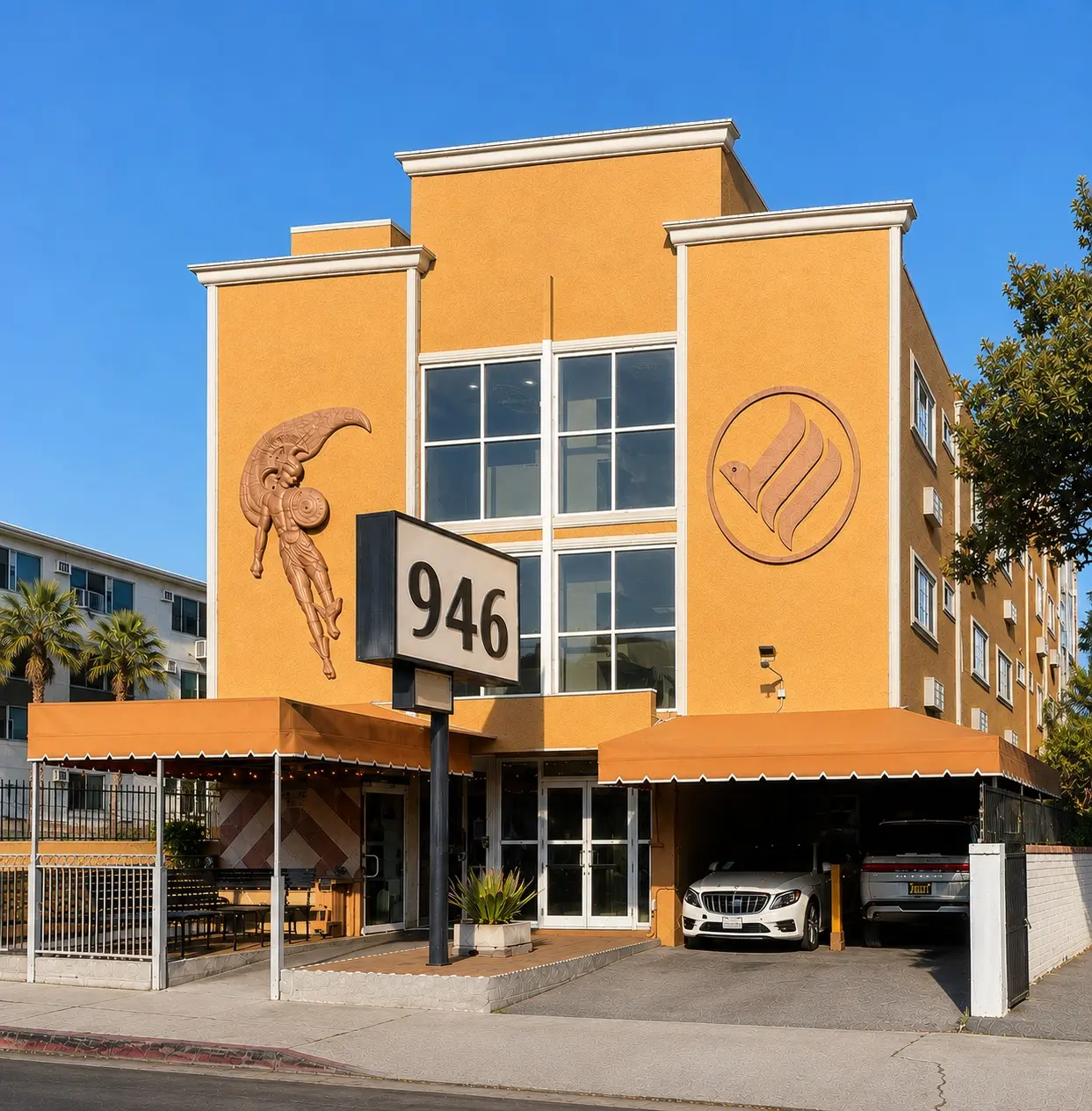 The Los Angeles location on South Bonnie Brae Street, a building with warm ochre stucco and orange awnings over its entrance.