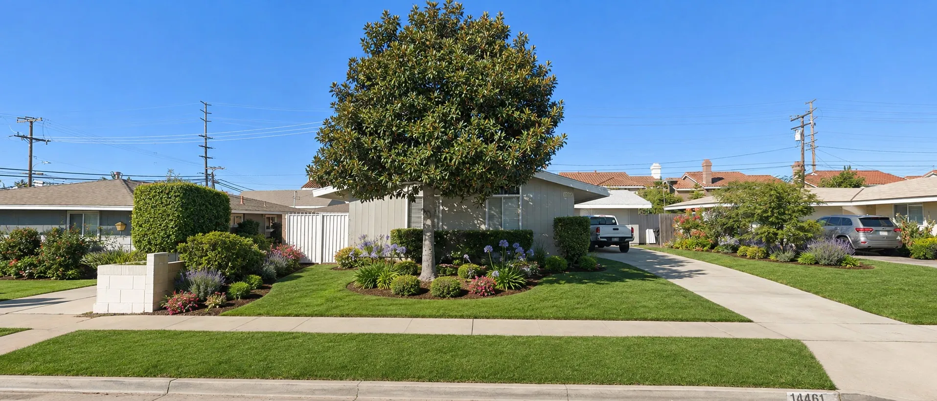 One of OSP Management's residential locations: a single-storey house on a quiet suburban street, with a mature tree and mown lawn out front.